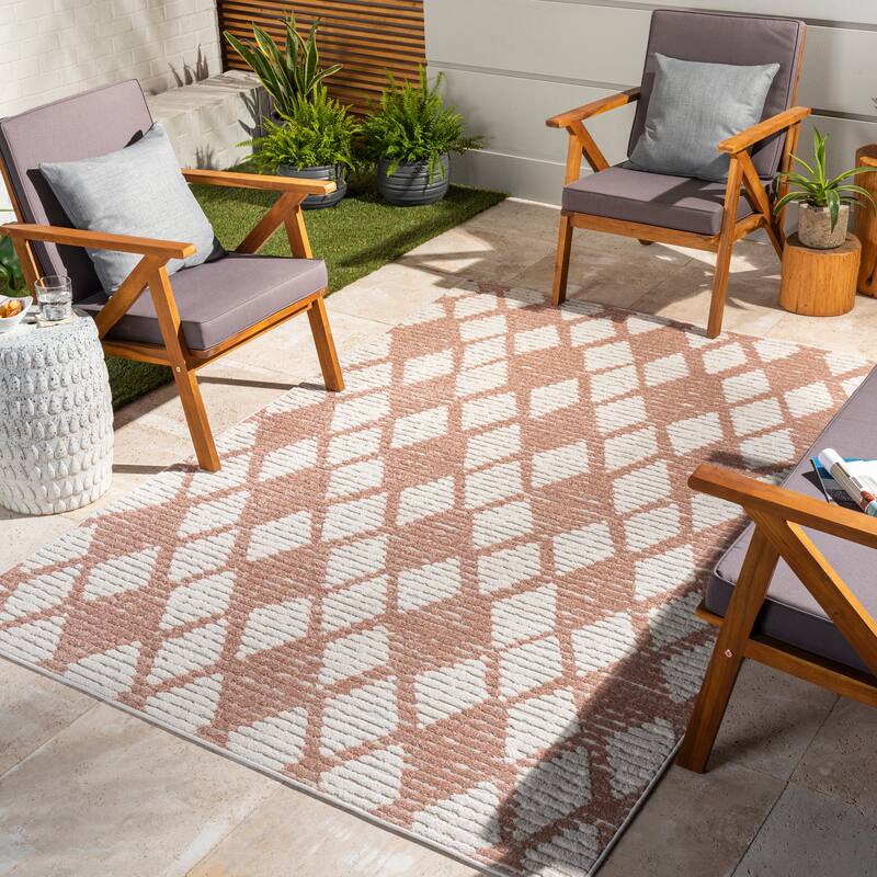 Livabliss Natson Global Diamond Outdoor Area Rug - 7'10" x 10' - Cream/Peach