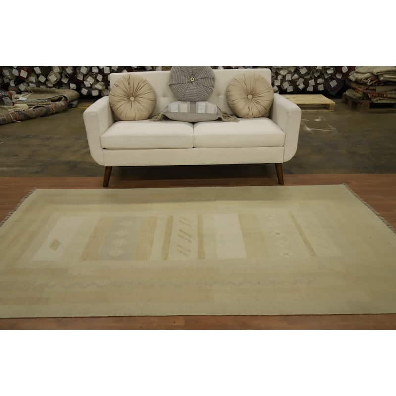 Hand Woven Oriental 100% Wool Carpet Southwestern Tribal Beige & Ivories Kilim Area Rug - 8' 2'' X 4' 10''