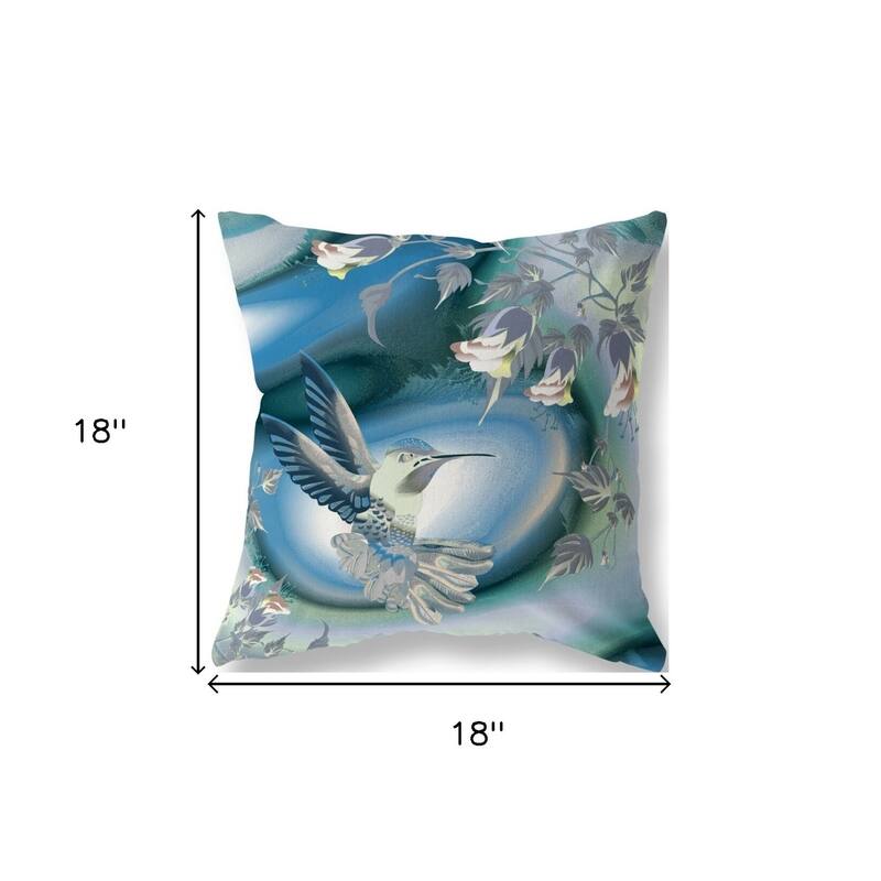 HomeRoots 18" X 18" Blue and White Bird Blown Seam Floral Indoor Outdoor Throw Pillow - 18.00' X '18.00' X '5.00
