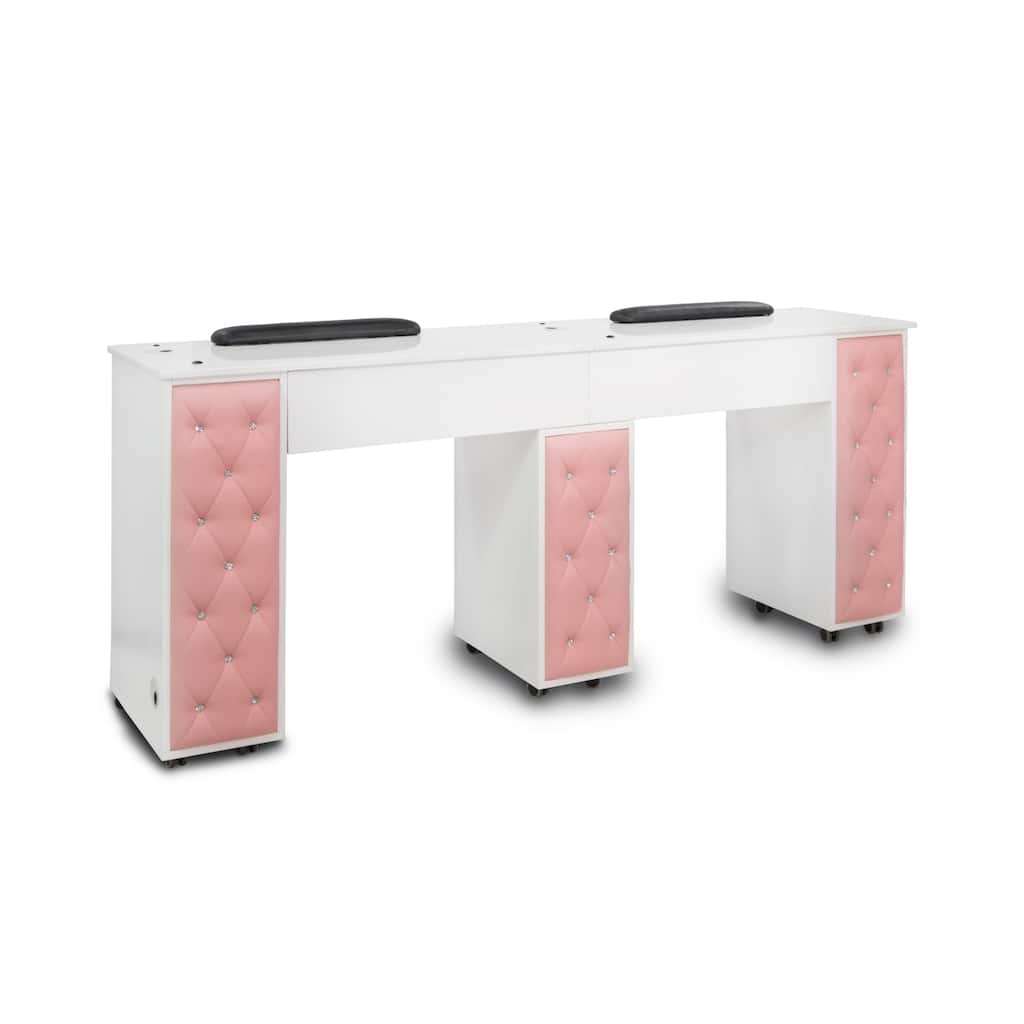 Drexel Manicure Table Double Nail Station Marble Top Desk, Pink Tufted Cushion - N/A