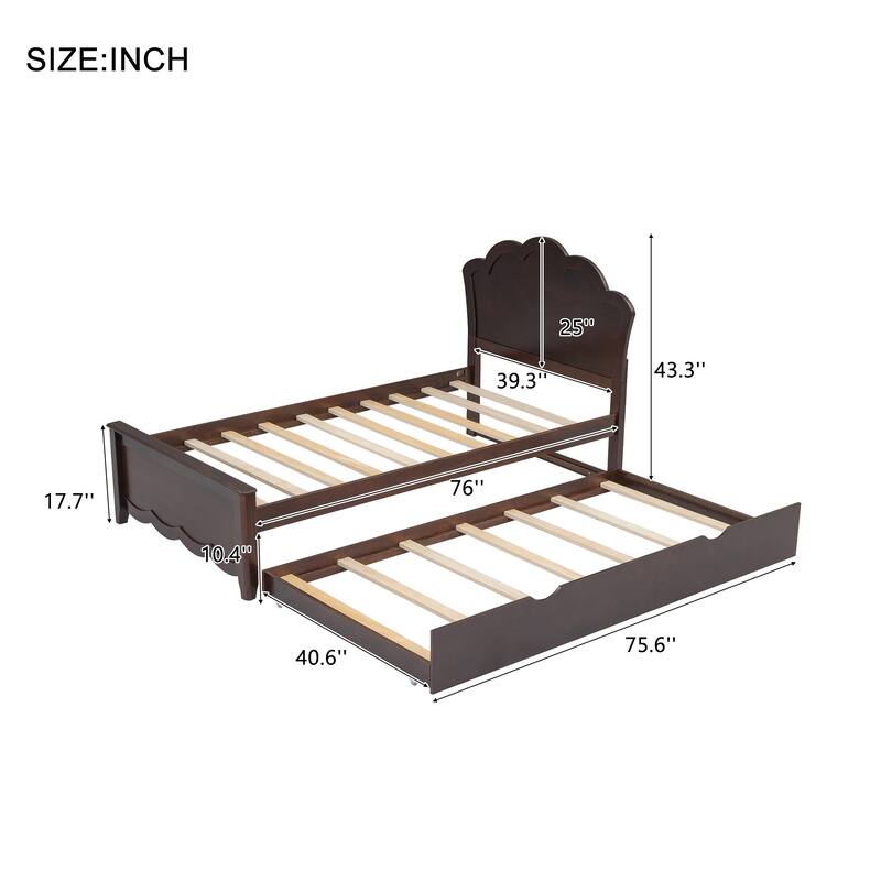 Single Bed Wood Platform Bed with Wave Shape Headboard and Footboard, Twin Size Trundle Bed Underneath No Box Spring Needed
