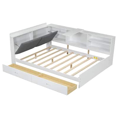 Modern Full Size Wood Platform Bed with Storage Headboard, Built-in Shelves, Upholstered Backrest, and 2 Drawers