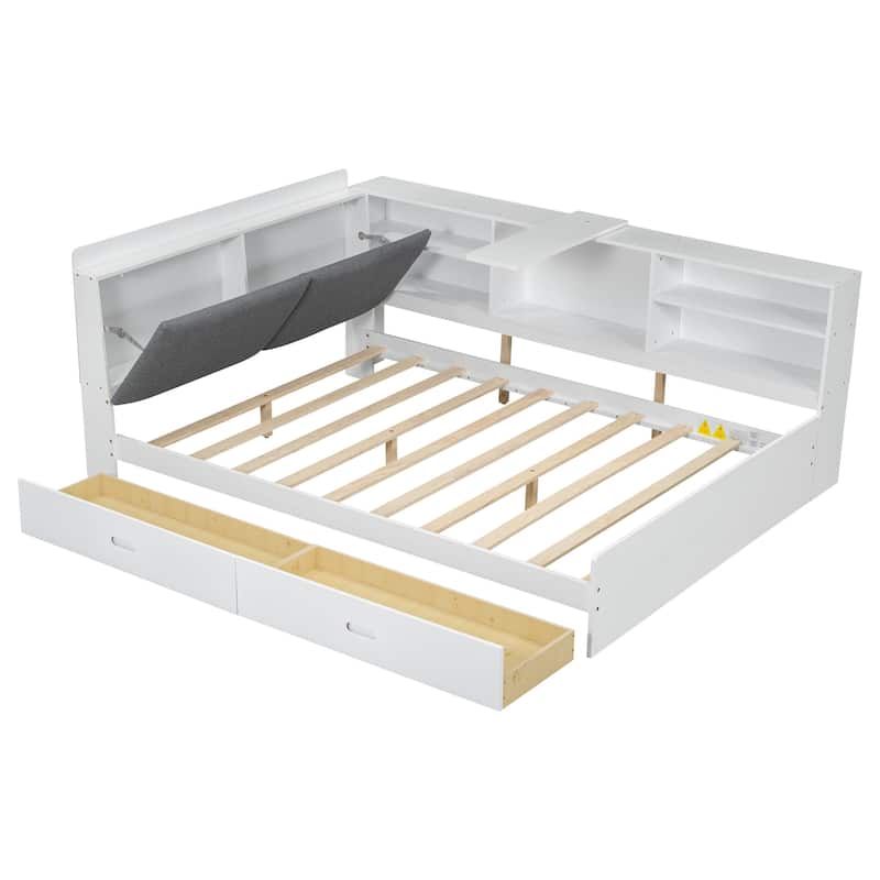 Wood Full Size Modern Platform Bed w/Flip Storage Upholstered Headboard, Shelves & 2 Drawers, Low-Profile Daybed Bed for Bedroom