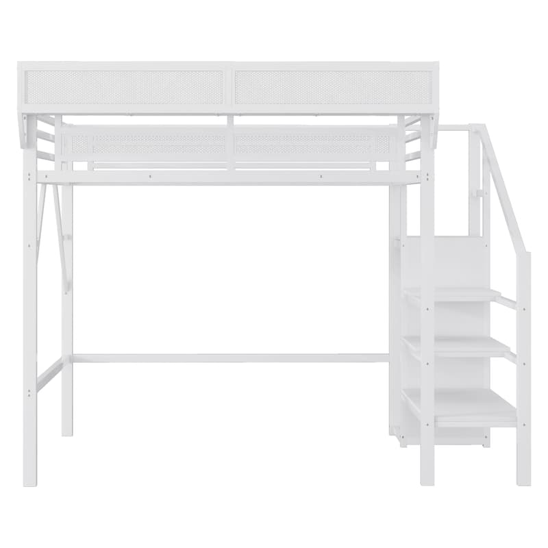 Metal Loft Bed with Wooden Stairs Built-in Storage Shelves and Wardrobe, High Loft Bed Frame with Side Grid Storage Rack