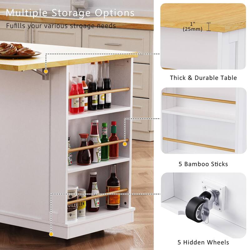 Large Kitchen Island with Drop Leaf,Power Outlet,Door Internal Storage Rack,3 Drawers(Not include bar stools) - N/A