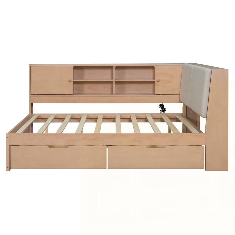 L-shaped Daybed Corner Bed with Storage Bookcase and USB Charging Ports