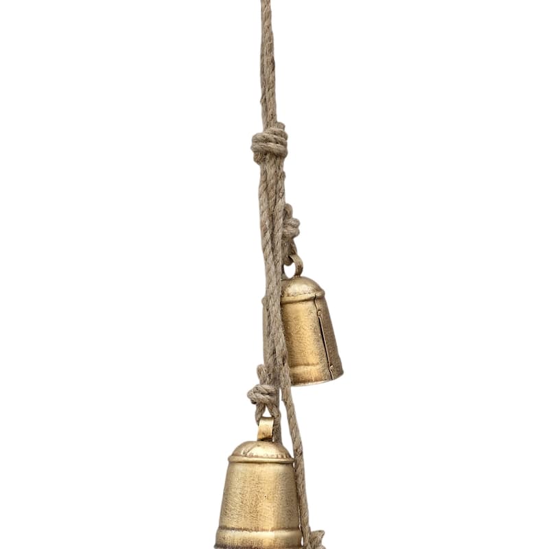 Zema Rustic Iron Hanging Bells Wall Decor, Cylindrical Cowbell on 28 Inch Jute Rope, Antique Gold