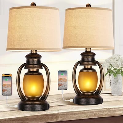 Set of 2 Table Lamps with 2 USB Port and Outlet,Farmhouse Table Lamps,Cottage Nightstand Lamps with Nightlight Miner Lantern