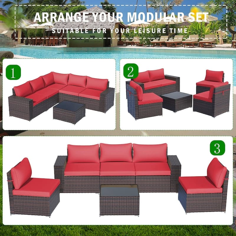 Delnavik Patio Furniture Set Sofa 6-Piece Wicker Sectional Sofa Set, Outdoor Furniture Rattan Patio Sofa Conversation Set