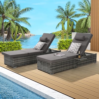 Outdoor Chaise Lounge Chair Set of 2 with Storage Patio Pool Chairs Tanning Lounges for Outside, Beach Rattan Recliners