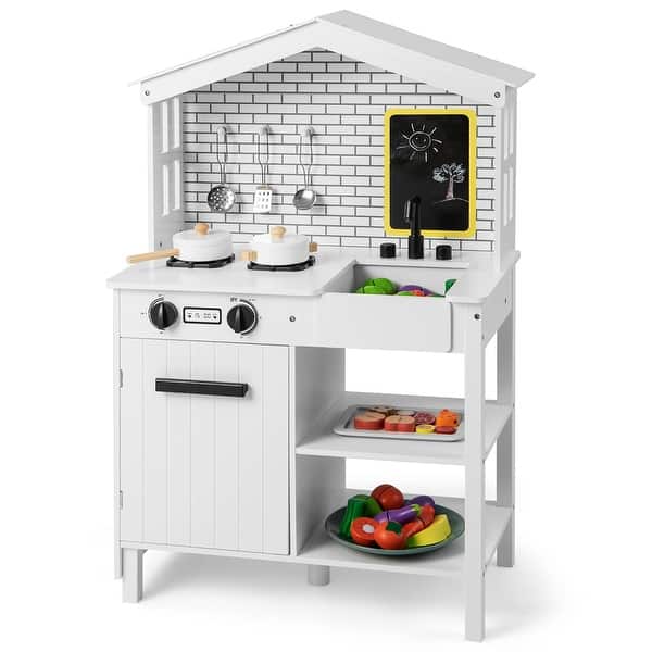 slide 2 of 10, Costway Kids Farmhouse Kitchen Play Set Wooden Pretend Toy with - See Details White - See Details