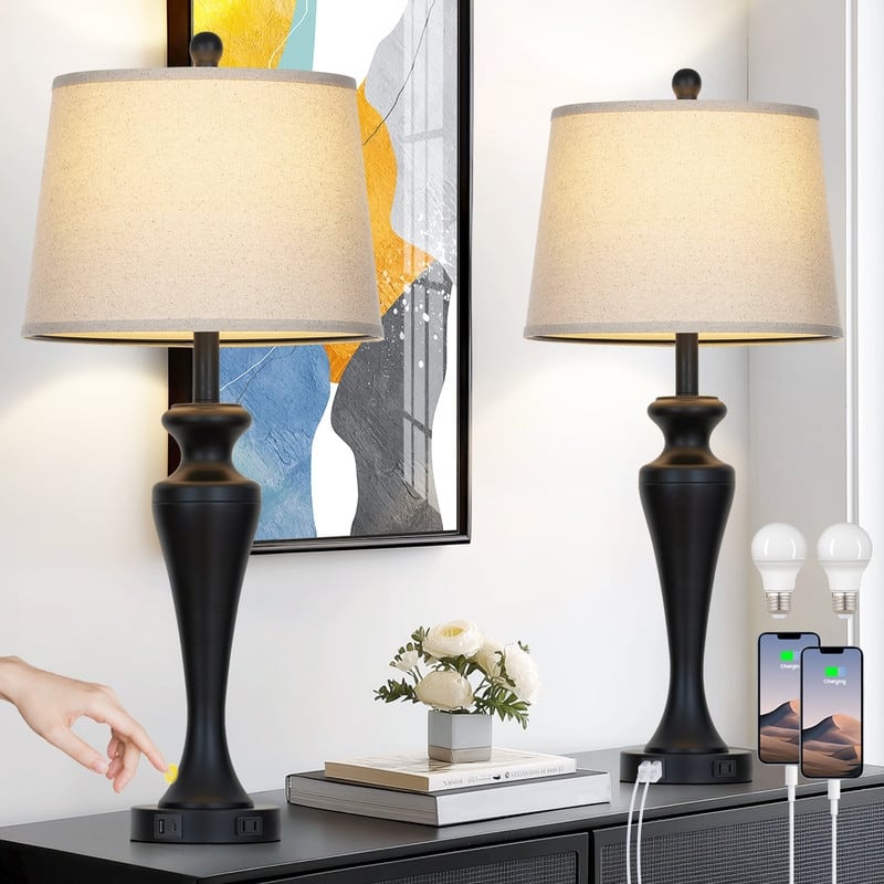 30" Modern Table Lamps with USB-C Charging, 3-Way Touch Dimmer, Black Metal Base(Set of 2) - 13'' x 13'' x 30''