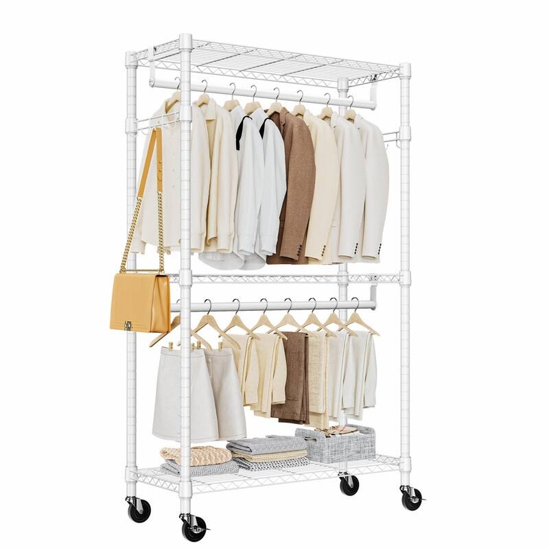 Heavy Duty Rolling Garment Rack with Wheels, 3-Tier Adjustable Wire Shelving, Clothes Rack with 2 Rods & Side Hooks - White
