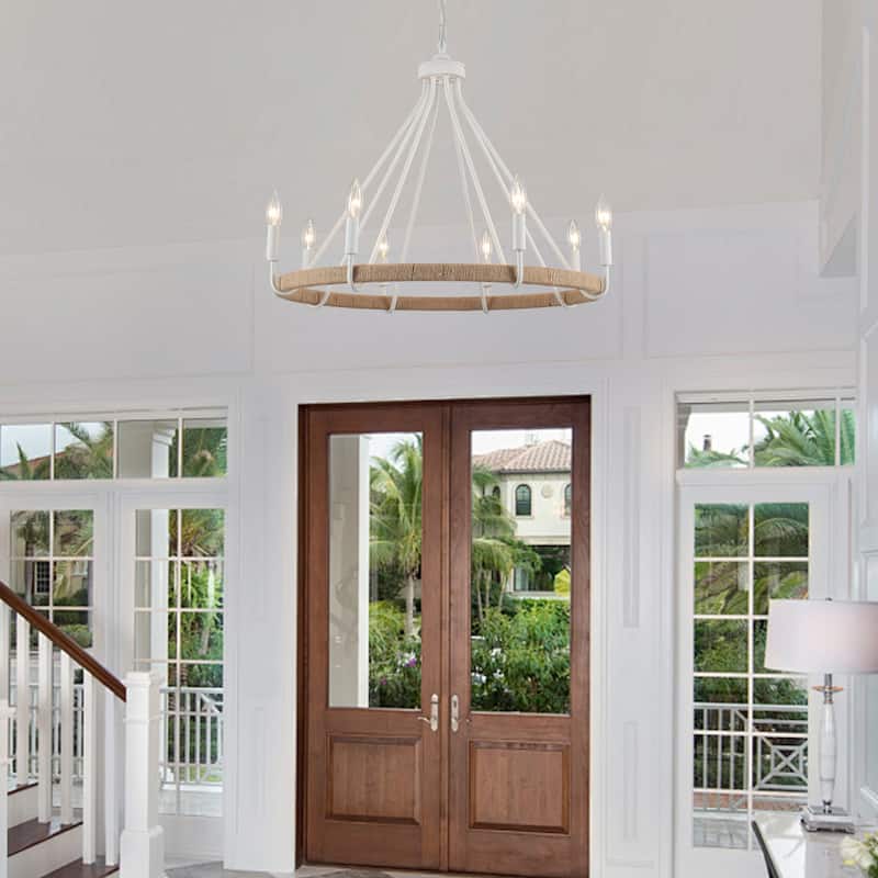 8-Light Hanging Candlestick Wagon Wheel Chandelier Hemp Rope Linear Chandelier Lighting for Kitchen Island