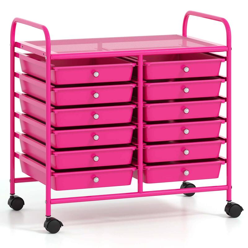 12-Drawer Rolling Storage Cart Mobile Utility Cart on Wheels - Hot Pink