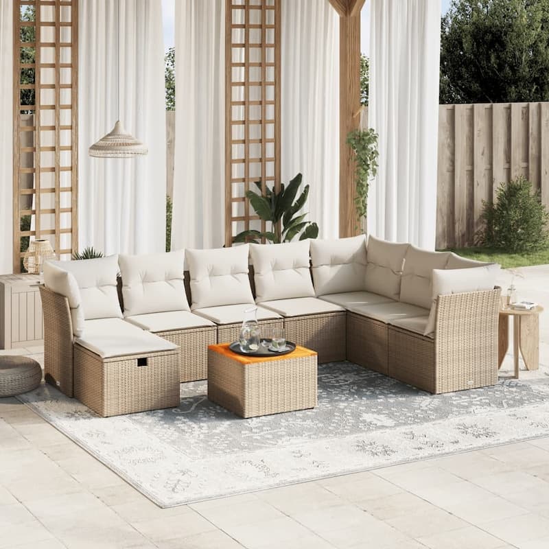 vidaXL Patio Sofa Set with Cushions Outdoor Furniture 9 Piece Poly Rattan - Beige and cream Modular