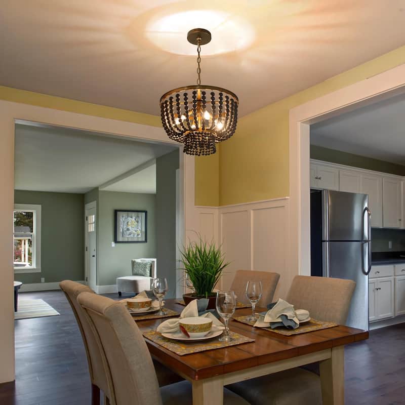 Mid-century Modern Boho Wood Beads Drum Chandelier 4-Light Farmhouse Distressed Pendant for Dining Room/ Foyer
