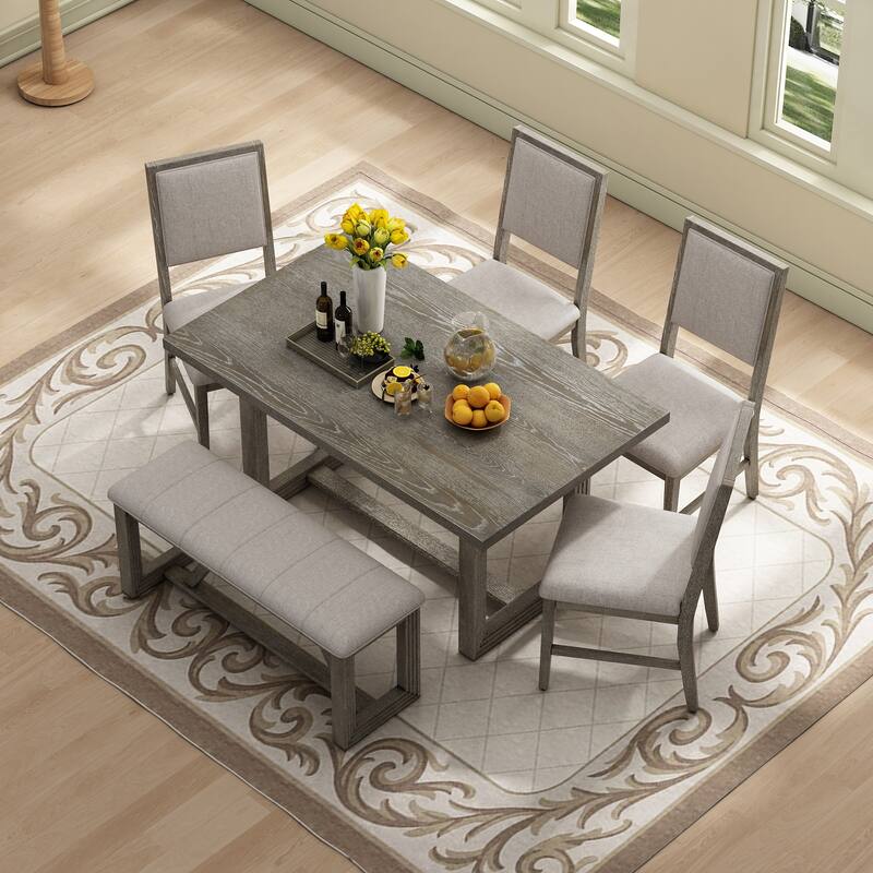 60" Wood Rectangular Kitchen Table, 6-Piece Dining Table Set with 4 Upholstered Chairs & Bench, for Kitchen & Dining Room
