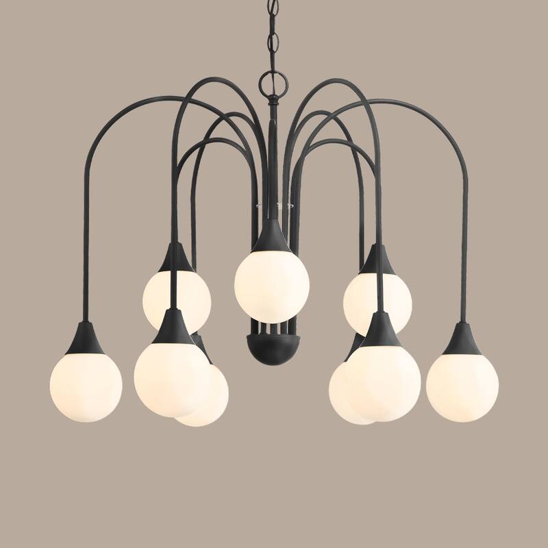 Hunter Valadon Matte Black with Cased White Glass 9-Light Chandelier - Dining, Living, Entry, Kitchen - Contemporary