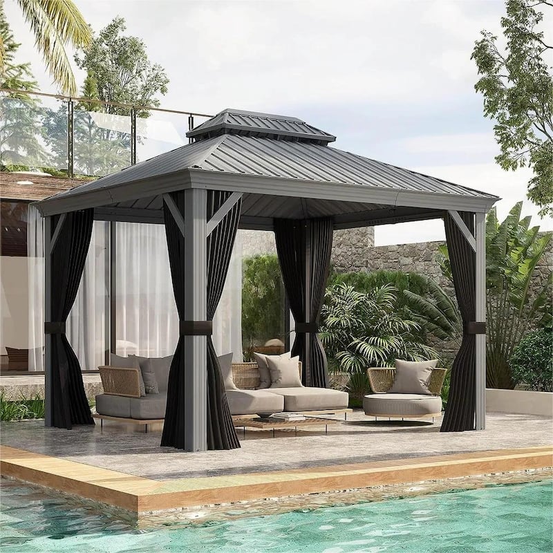 PURPLE LEAF Patio Gazebo for Backyard Hardtop Galvanized Steel Frame with Upgrade Curtain and Light - Light Grey