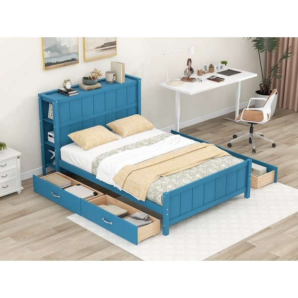 slide 2 of 34, Low-Profile Grounded Frame Bed with Storage Shelves Headboard Blue - Full