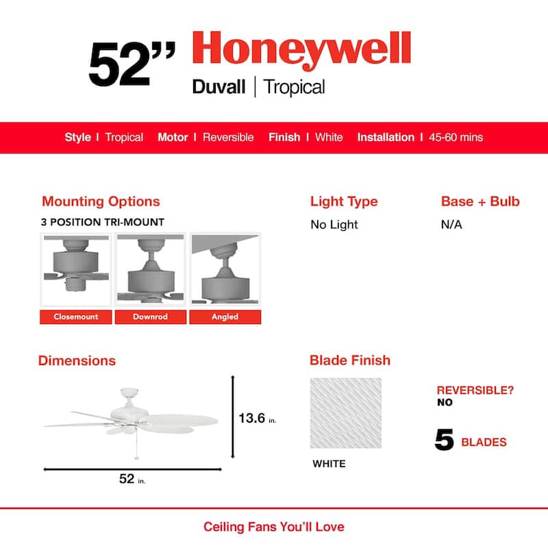 52" Honeywell Duval White Indoor/Outdoor Ceiling Fan with No Light, Pull Chain