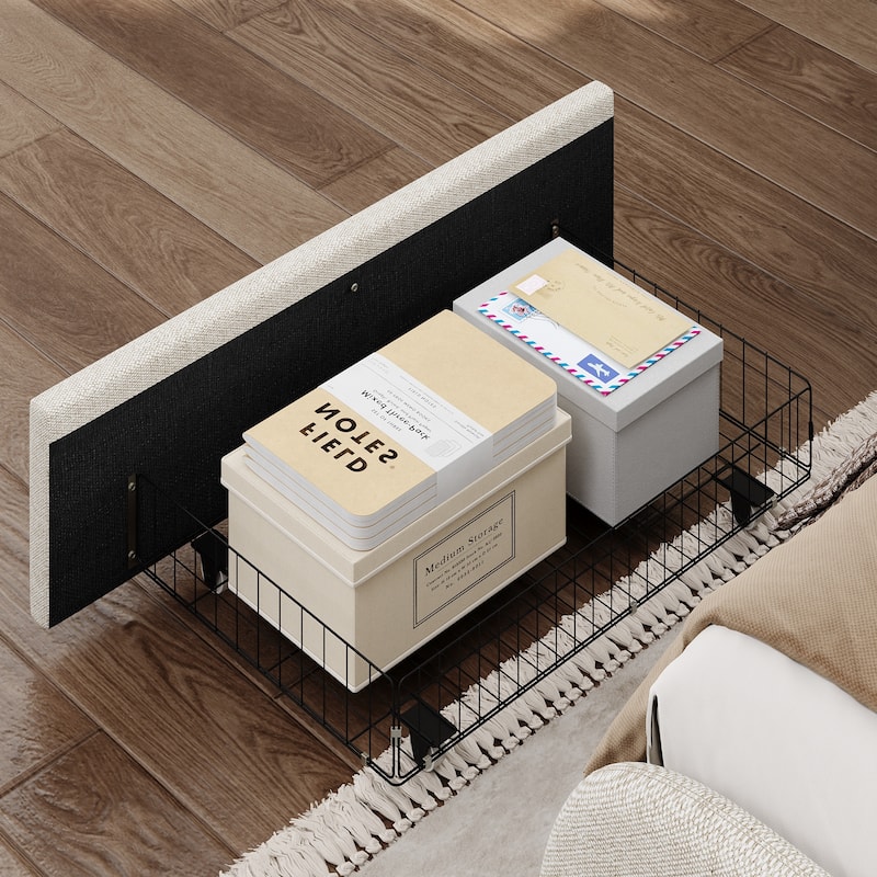 King Size Beige Linen Upholstered Platform Bed Tall Tufted Headboard & High Footboard Minimalist Storage Bed Frame w/Drawers