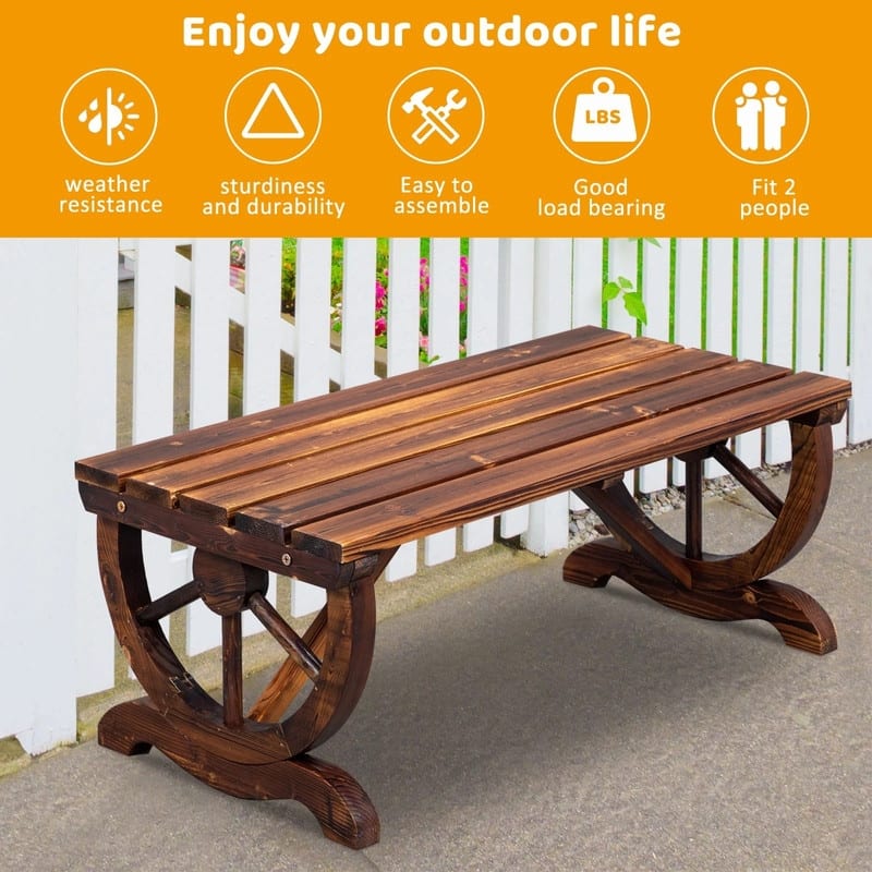 2-Person Rustic Garden Bench, Outdoor Wagon Wheel Porch Bench for Backyard Patio Garden, Brown