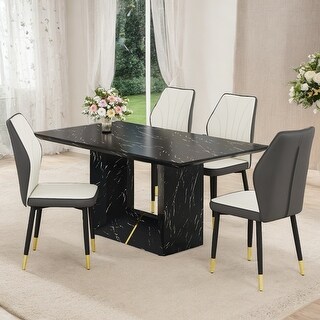 63" Black Marble Dining Set with 4 White & Dark Gray PU Chairs & Golden ...