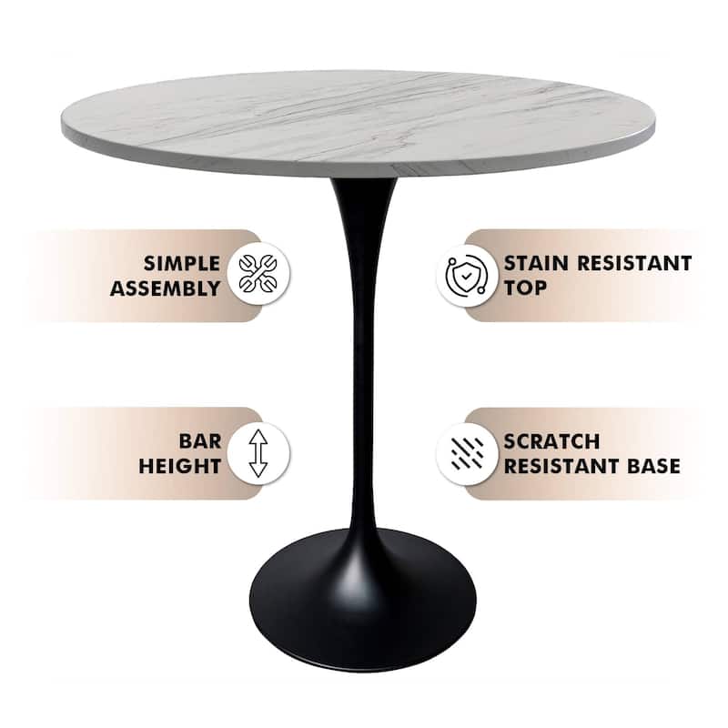 LeisureMod Verve Round Bar Dining Table with White Resin TableTop and Black Steel Base for Kitchen & Dining Room