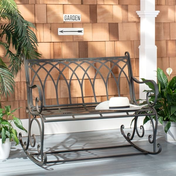 slide 2 of 43, SAFAVIEH Ressi Victorian Scroll Iron Outdoor Rocking Bench. - 43 in. W x 33 in. D x 37 in. H Black