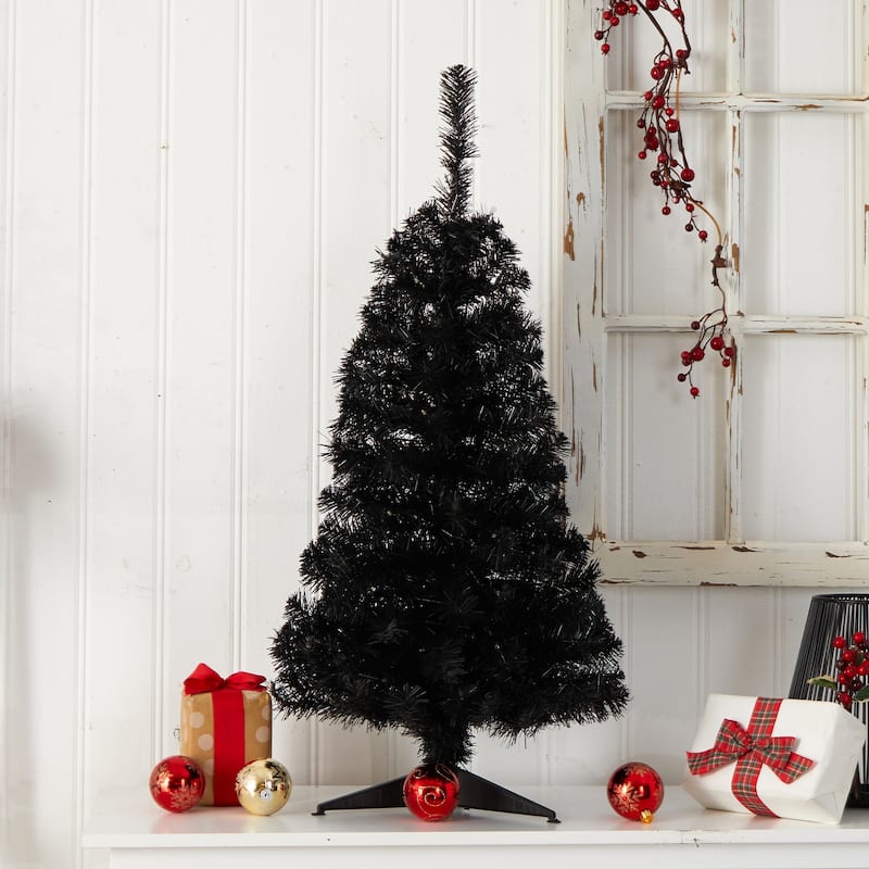 3ft. Black Artificial Christmas Tree with 50 LED Lights & 118 Branches - Modern Festive Holiday X-Mas Accent