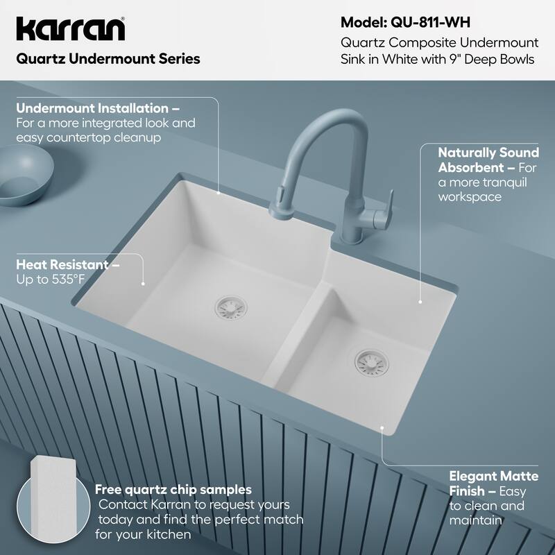 Karran Undermount Large/Small Bowl Quartz Kitchen Sink - 32" x 21.25" x 9" - 32" x 21.25" x 9"