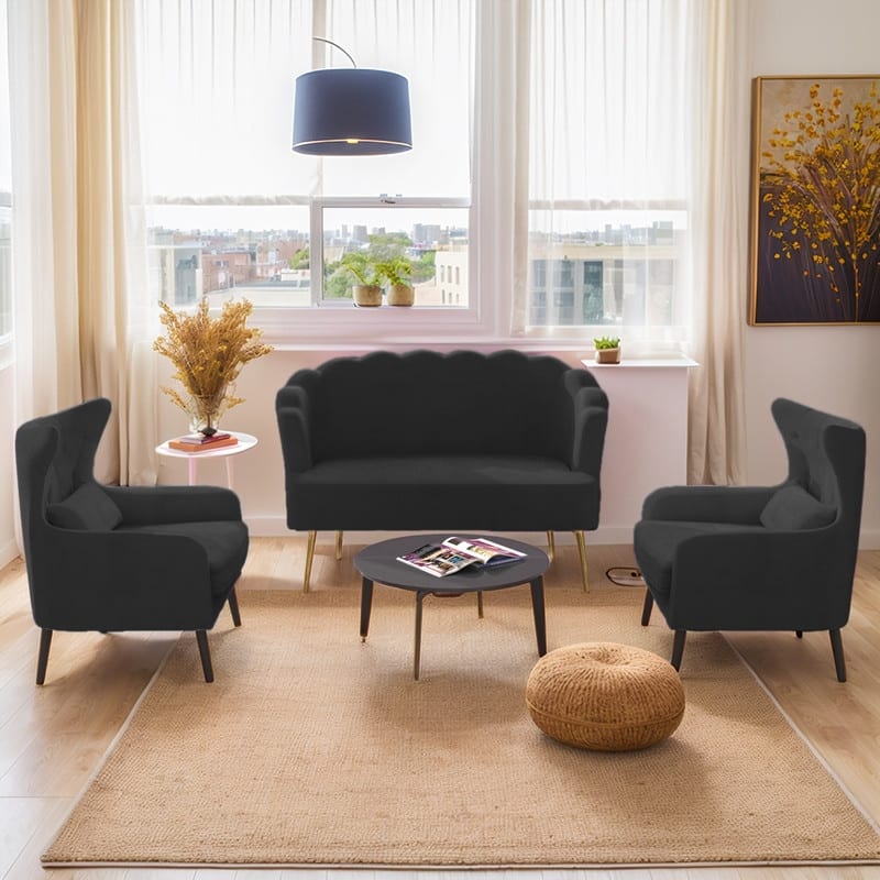Velvet Tuft Thick Cushion Metal Legs Loveseat Two Accent Chairs - Black Velvet