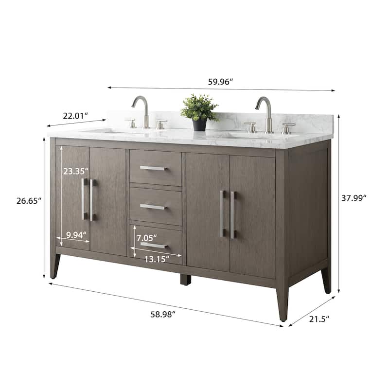 Vanity Art 60" Double Sink Bathroom Vanity Cabinet with Engineered Marble Top