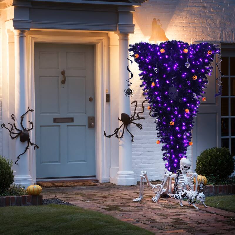 Gymax 6FT Pre-lit Upside Down Black Halloween Tree Artificial - See Details
