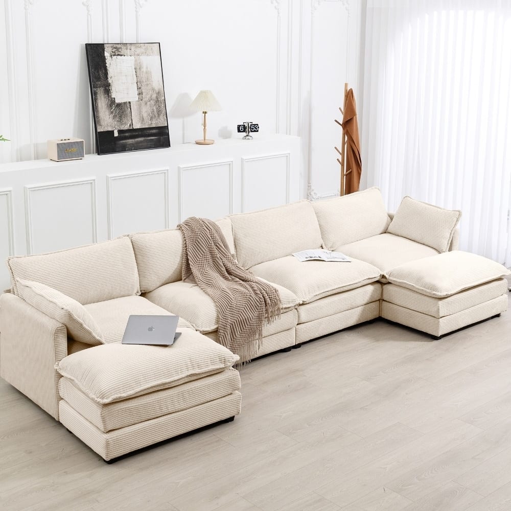 Corduroy Sectional Sofa with Removable Ottomans & Ultra-soft Cushions for Living Room & Bedroom