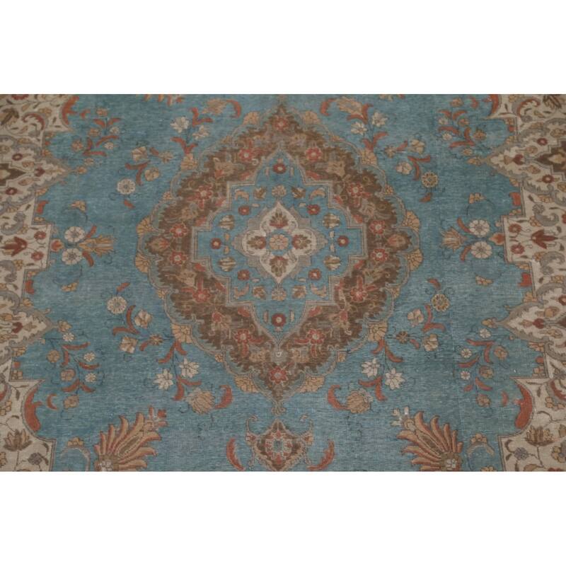 Distressed Over-Dyed Tabriz Persian Rug Antique Blue Wool Carpet - 9'5"x 11'10"