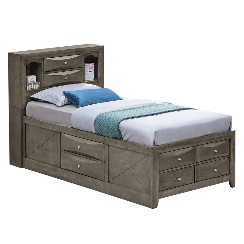 Wooden Panel Twin Bed with Drawers and Shelves - 87" - Gray