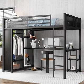 Full XL Size Metal Loft Bed with Built-in Wardrobe, Desk and Storage Shelves