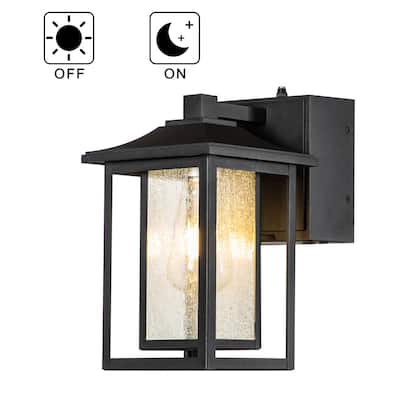 1 Light Black Dusk to Dawn Sensor Glass Outdoor Wall Sconces Built-in GFCI Outlets - W 6.3"