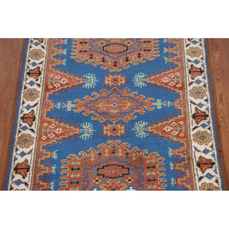 Blue Geometric Viss Indian Runner Rug Handmade Wool Carpet - 2'7"x 10'1"