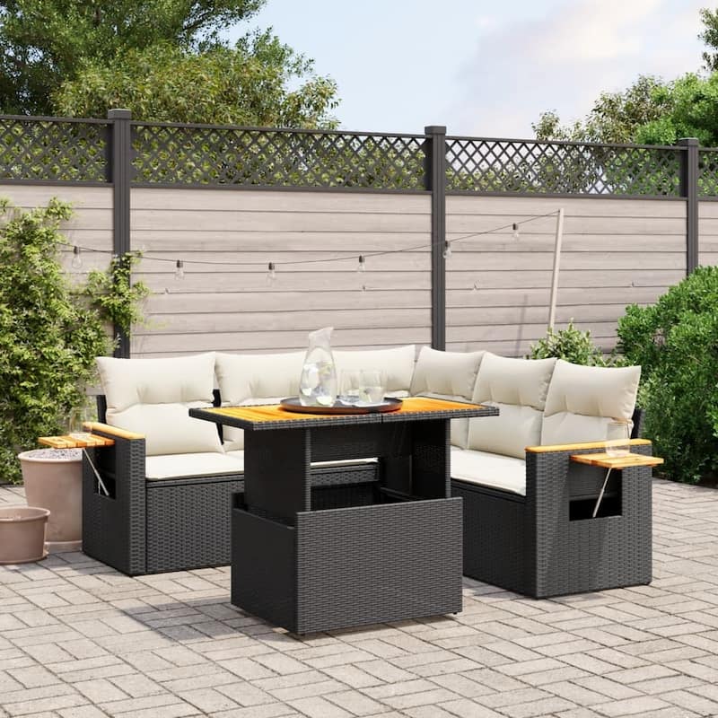 vidaXL Patio Sofa Set with Cushions Outdoor Furniture 6 Piece Poly Rattan - 21.7 x 39.4 x 28.7 in - Black and cream