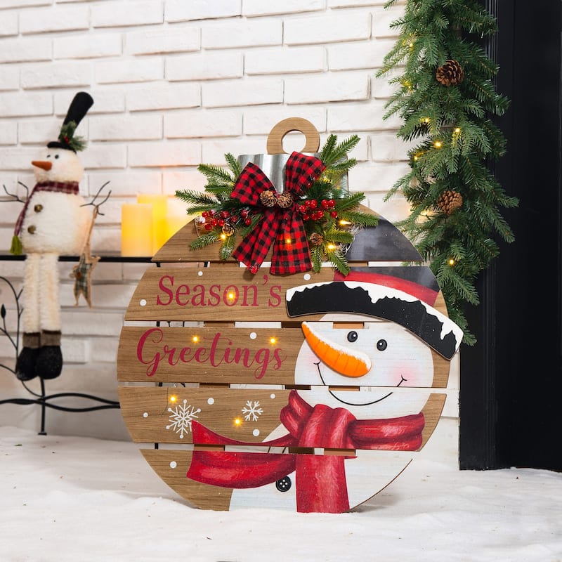 Glitzhome 30"H Lighted Round Wooden Christmas Porch Decor