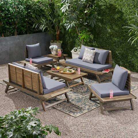 Sedona Outdoor 6 Seater Acacia Wood Chat Set with Side Table and Coffee Table by Christopher Knight Home