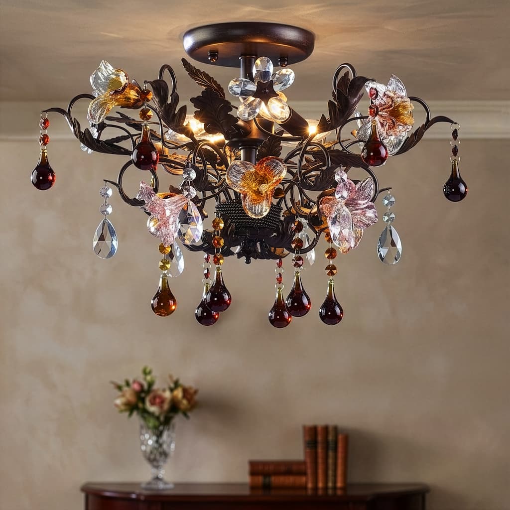 Elk Home Cristallo Fiore Deep Rust Crystal 3 Light Semi Flush Mount