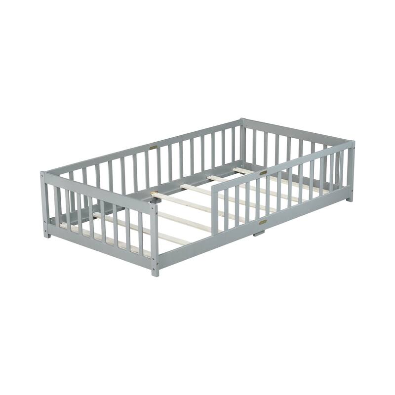 Roomfitters Twin Rubber Wood Floor Bed with Fence, Safety Guardrails, Low Profile Platform Design