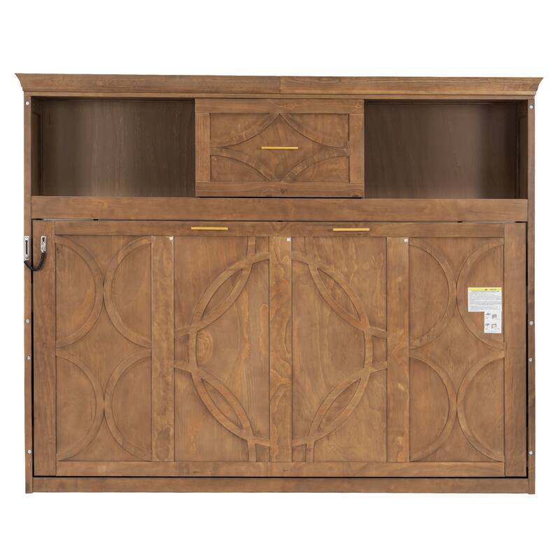 Twin Size Murphy Bed with Charging Station, Drawer, and Storage Cabinets, Wood Finish