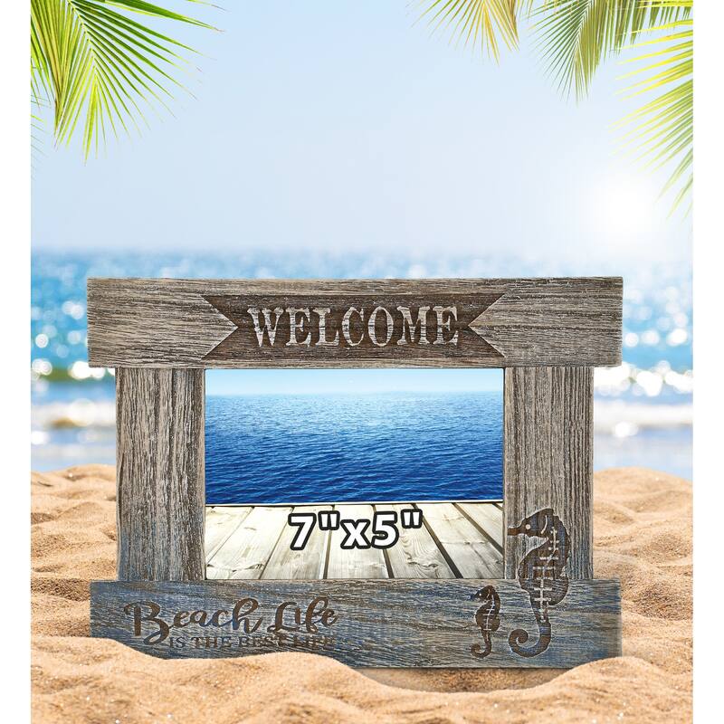 CoTa Global Driftwood Sea Horse White Distressed Wood 7X5 Photo Frame - 11.7 inches