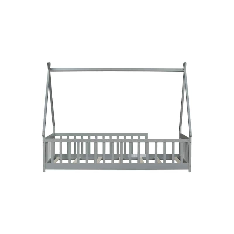 Twin Tent-Shaped Floor Bed with Guardrails, Grey
